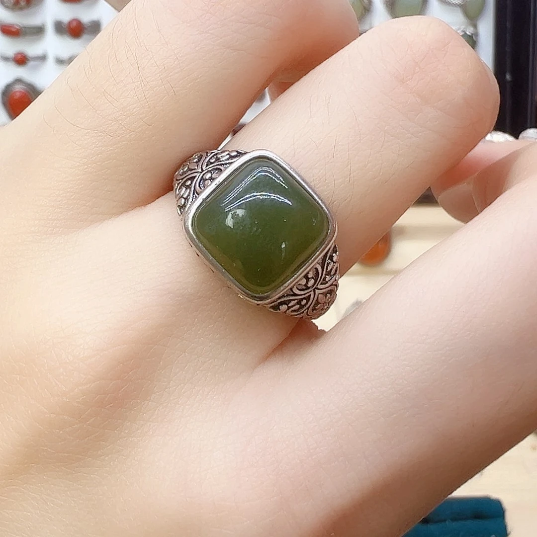 和田玉（青玉）戒指银S925镶嵌