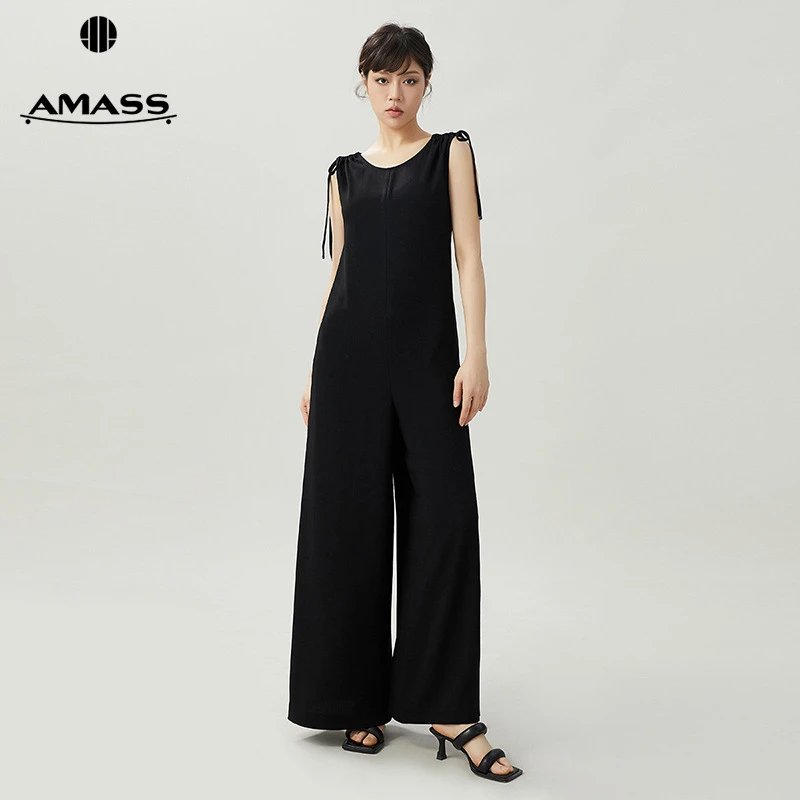 阿玛施AMASS新款女装显瘦百搭休闲肩部系带收腰连体宽腿裤5100434
