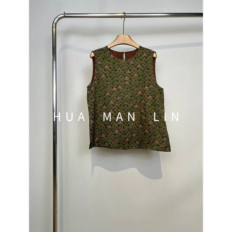 【花满林】圆领无袖熊猫红云纱真丝桑蚕丝上衣259490