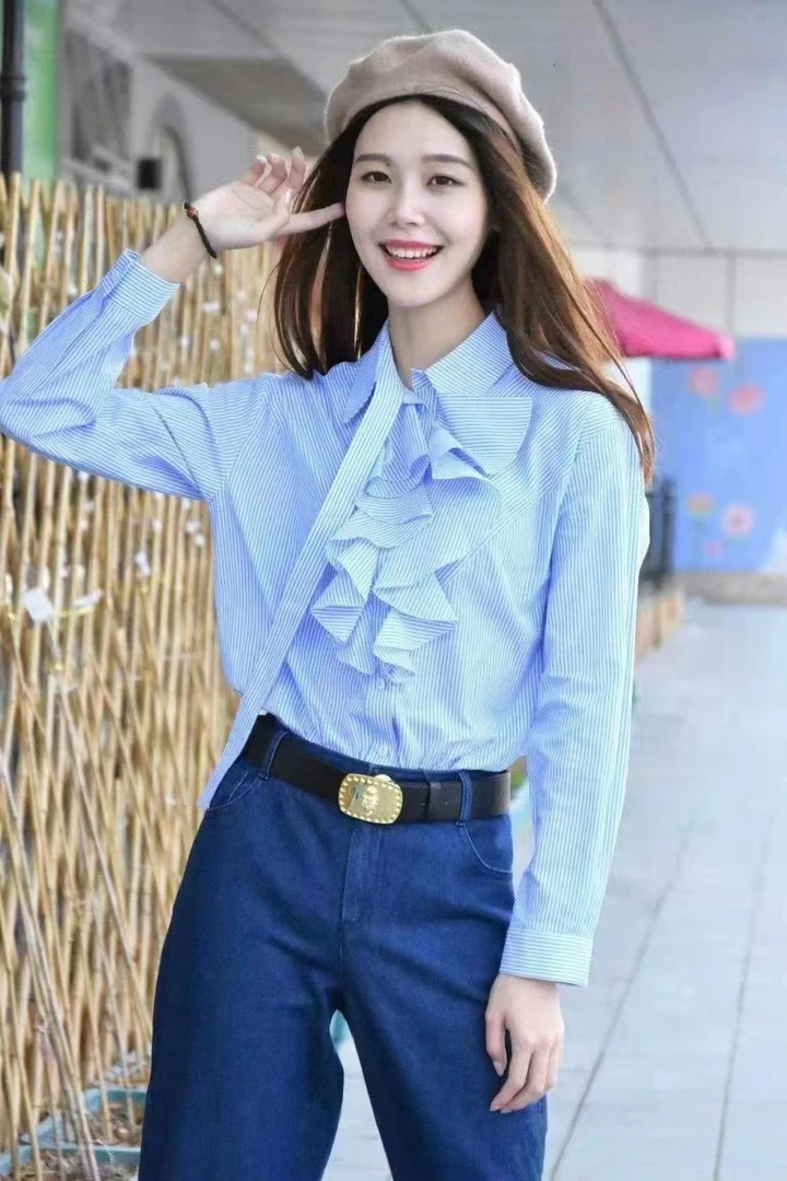 （不退换）300513衬衫显瘦气质衬衣长袖牛仔蓝色时尚条纹