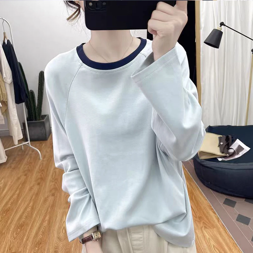 秋装复古拼色纯棉长袖T恤女式休闲上衣2025新韩版宽松插肩袖体恤