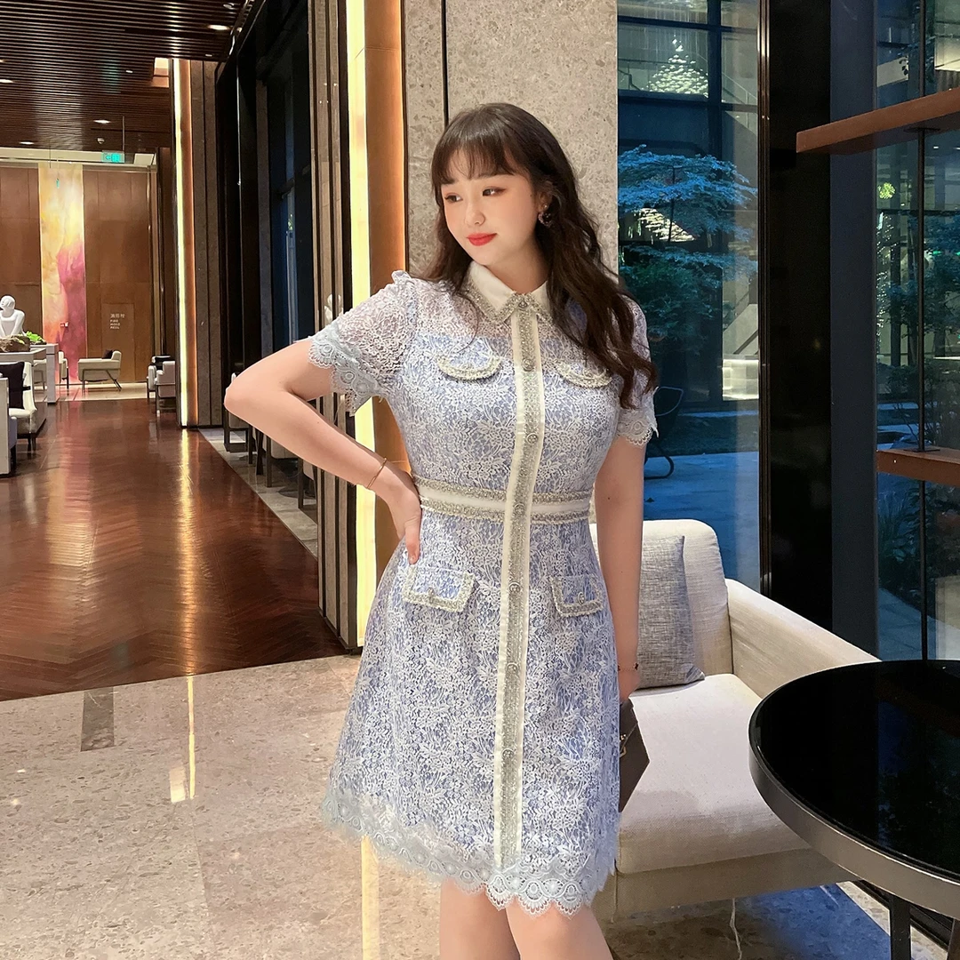 GLEC大码女装2024年新款小香风重工法式气质显瘦蕾丝连衣裙G283A