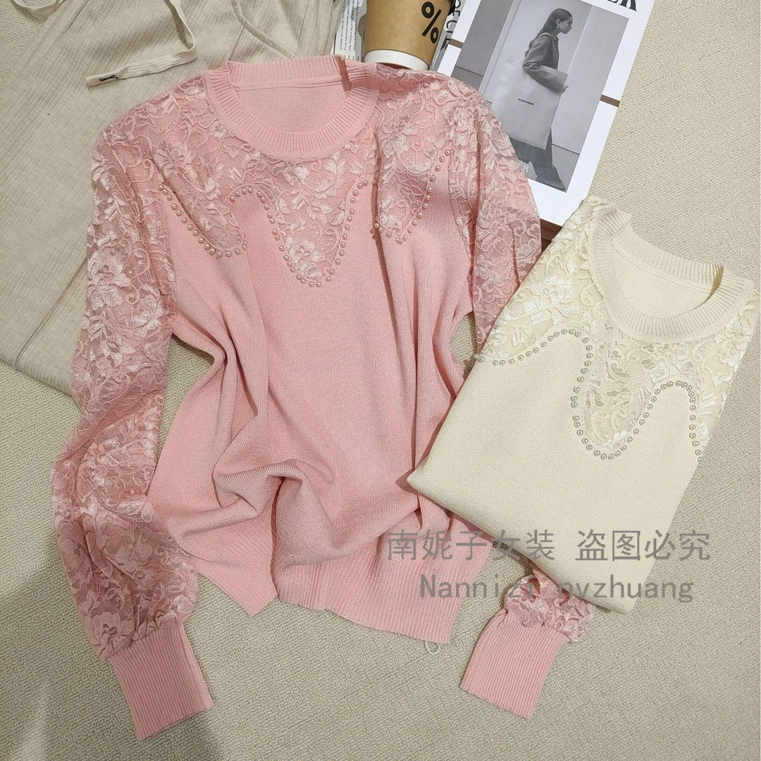 南妮子女装严选时尚气质拼接钉珠圆领套头百搭长袖针织衫ZS9708