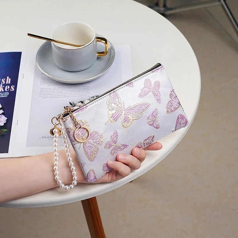 2025新款钱包女长款中国风刺绣珍珠手提拉链卡包零钱夹手机收纳包