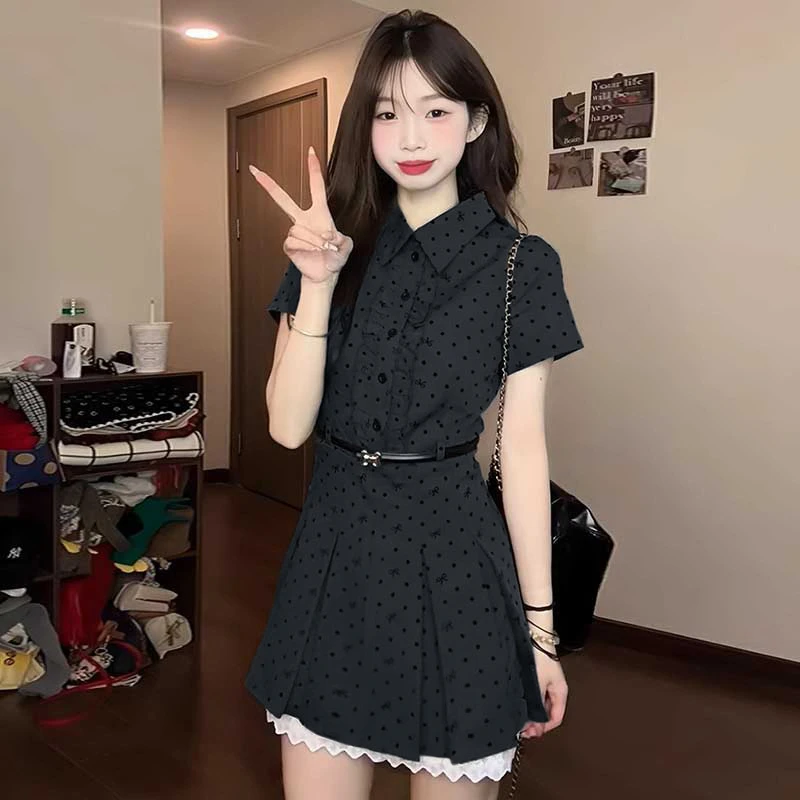 【送腰带】【有里布】韩系连衣裙女学院风穿搭收腰显瘦a字短裙D0865