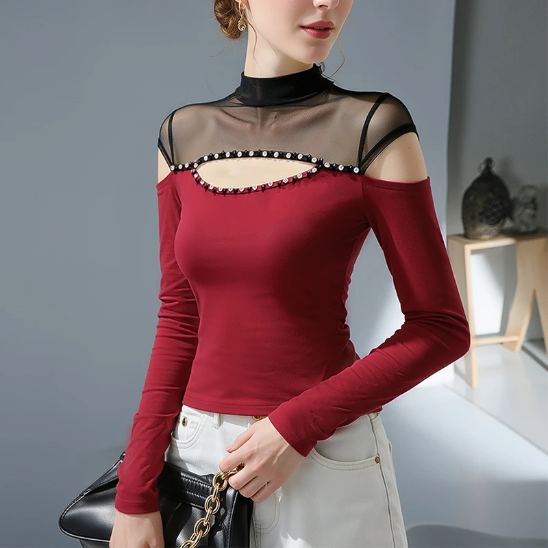 AQ#洋气百搭时尚修身显T恤打底秋季瘦网纱拼接镂空小衫DY12446H