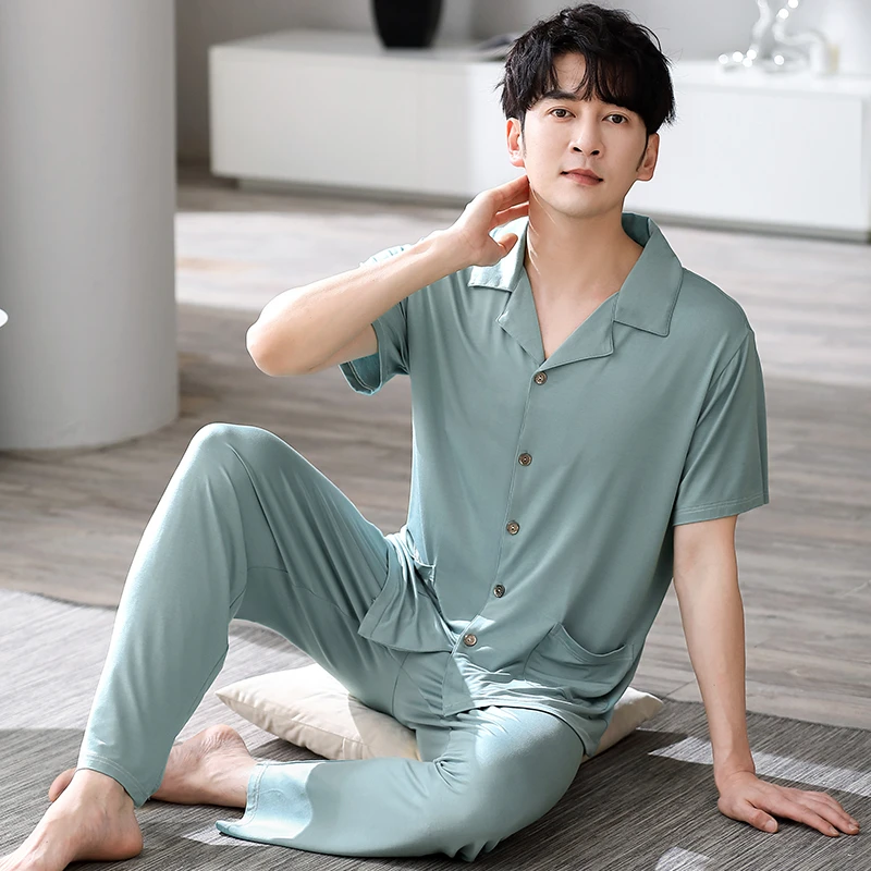 家居服男士睡衣莫代尔夏季薄款短袖长裤大码宽松开衫夏天两件套装