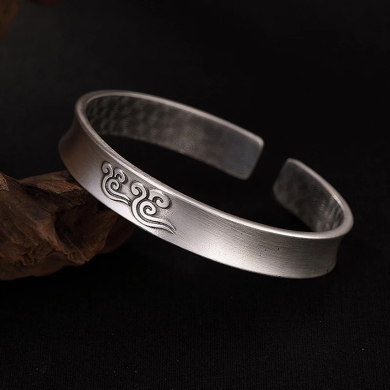 足银手镯  开口复古做旧祥云花纹筋斗云个性百搭开口足银9999