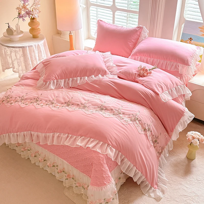 韩式清新少女公主风蕾丝花边刺绣夹棉床盖款四件套加厚防滑不掉色