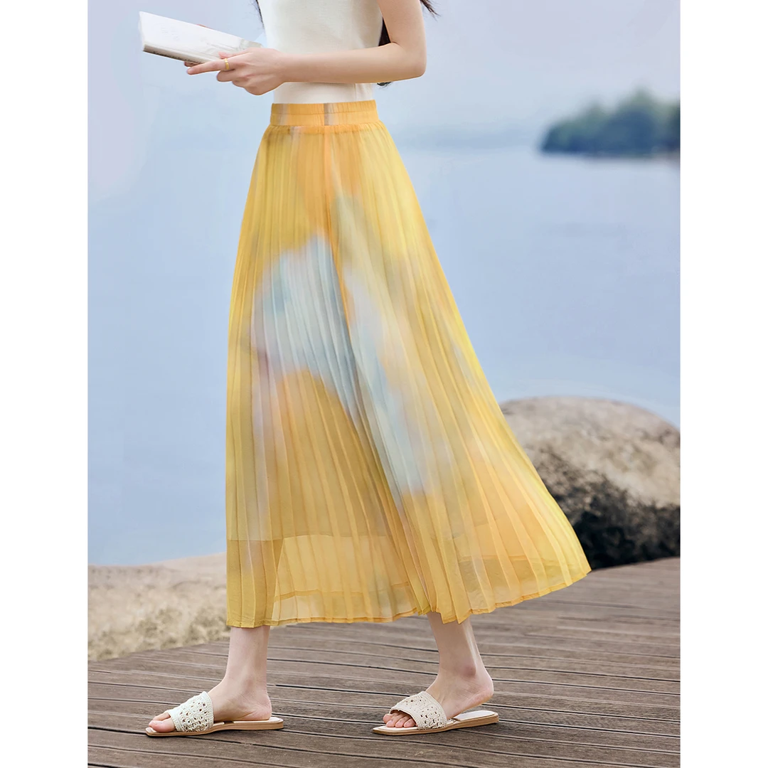 XWI/欣未【沐光之夏】2025夏季新款压皱晕染设计夏日余晖长款半身裙