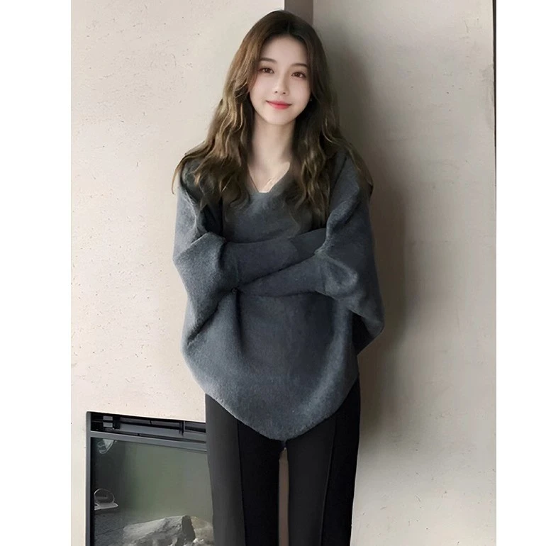 复古慵懒荡领毛衣女秋冬新款高级感宽松气质针织衫别致蝙蝠袖上衣