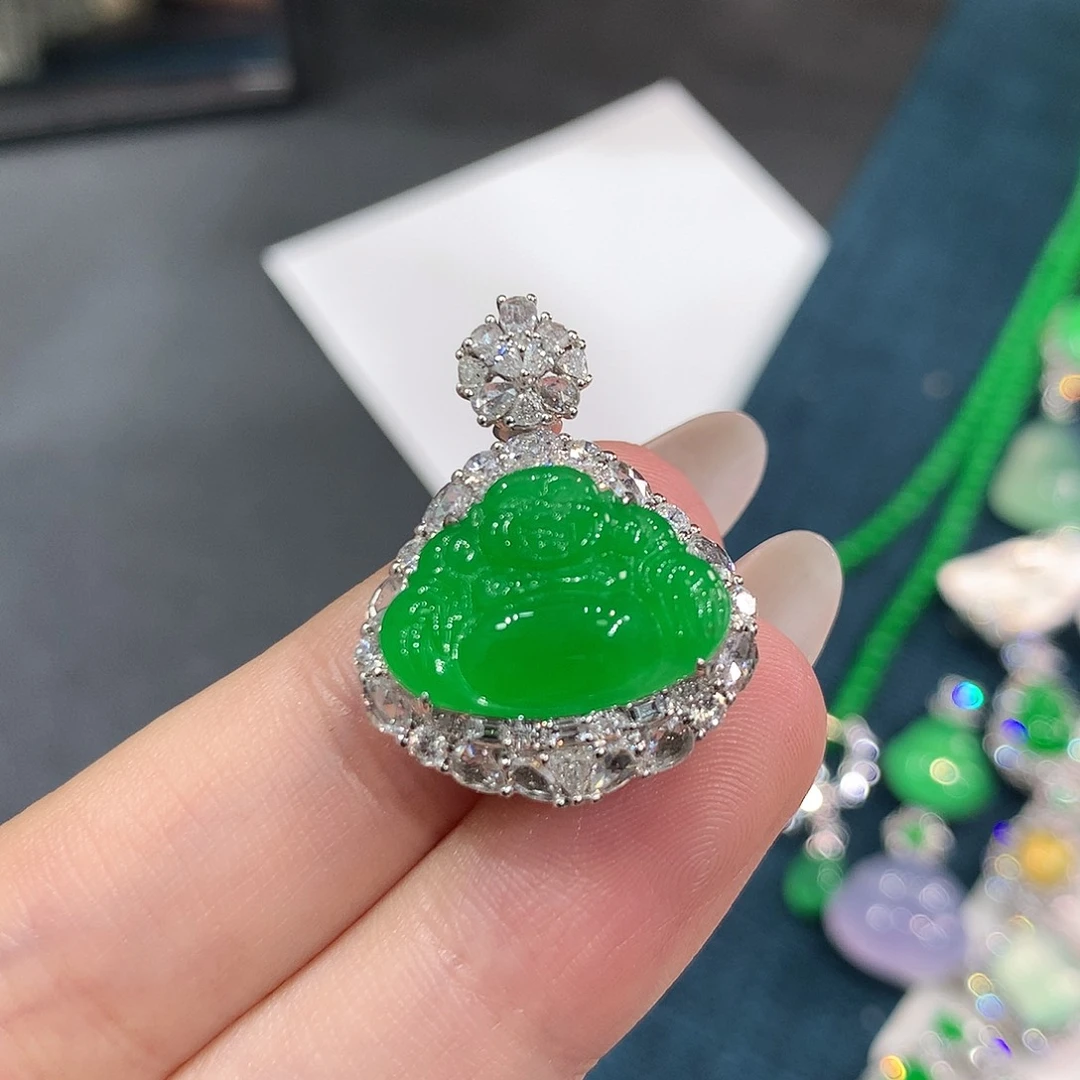 翡翠18K金镶嵌颈饰冰润正阳绿佛公 48小时鉴赏期