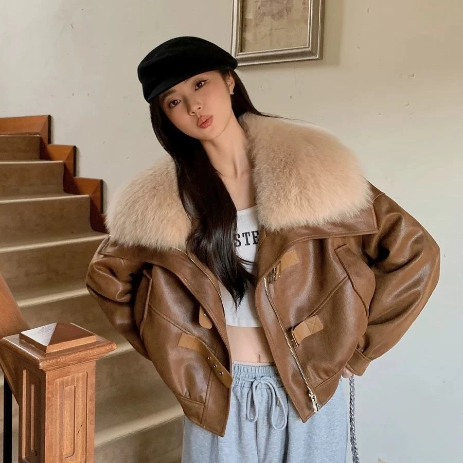 2024冬新款外套女韩版机车皮毛一体加厚内胆派克时尚休闲气质百塔