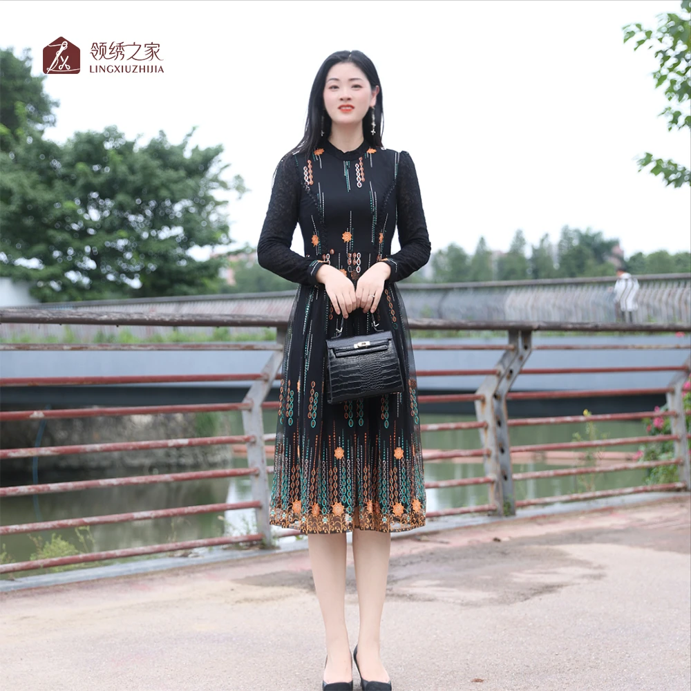 蕾丝绣花连衣裙碎花妈妈装#L800737H时尚洋气显瘦连衣裙气质