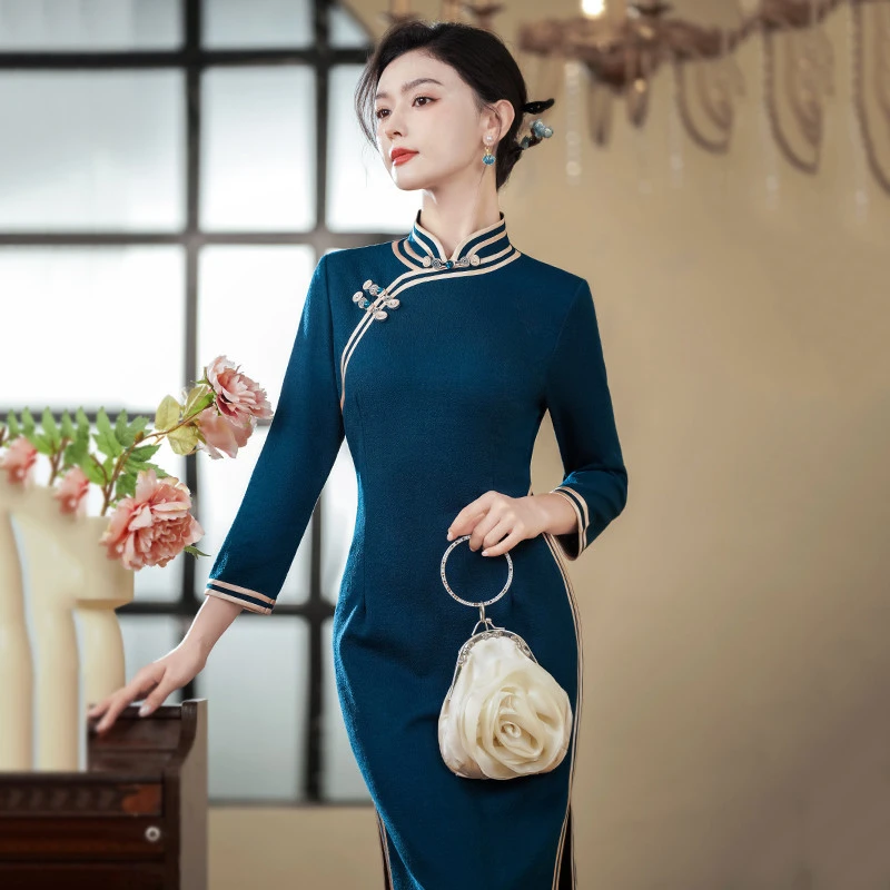 高品质老上海蓝色人棉旗袍2025年秋季新款改良长袖显瘦日常新中式