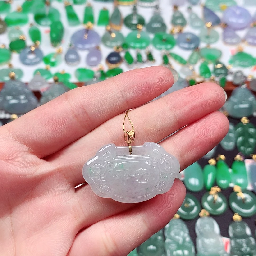 翡翠18K金镶嵌吊坠(不含链)天然翡翠A货