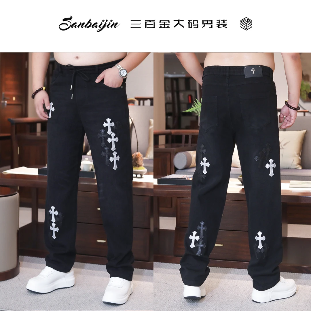 大码男装】牛仔裤秋季直筒黑牛欧货重工贴皮绣花十字架D66991#