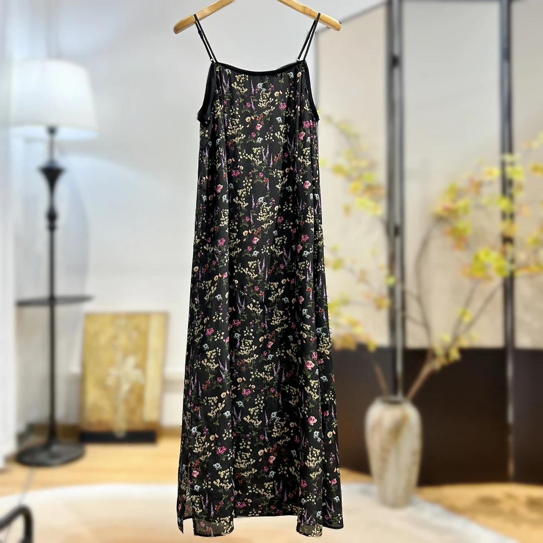 【萨拉迪恩】桑蚕丝夏季百搭显瘦印花吊带连衣裙长裙