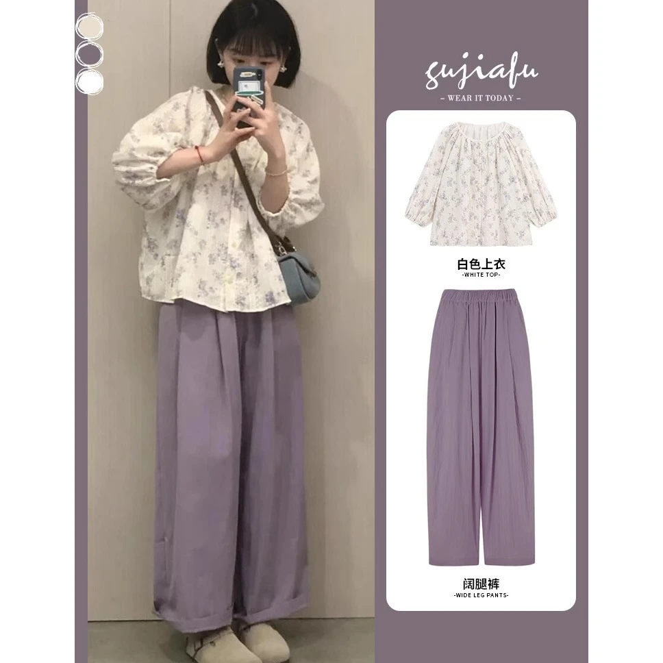 2025夏季新款韩版雪纺圆领碎花泡泡袖娃娃衫上衣女休闲显瘦阔腿裤