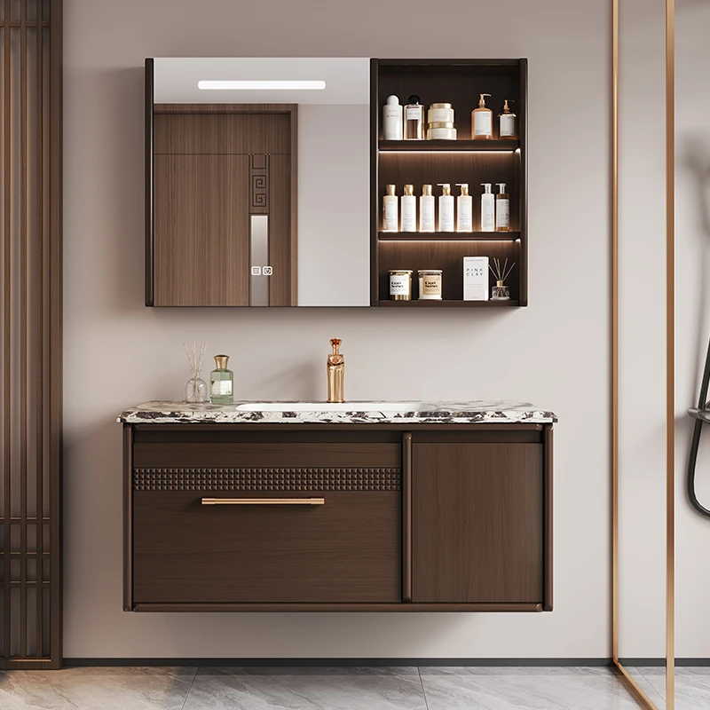 新中式乌金木天然奢石无缝盆智能一体盆浴室柜洗手盆洗脸盆柜组合