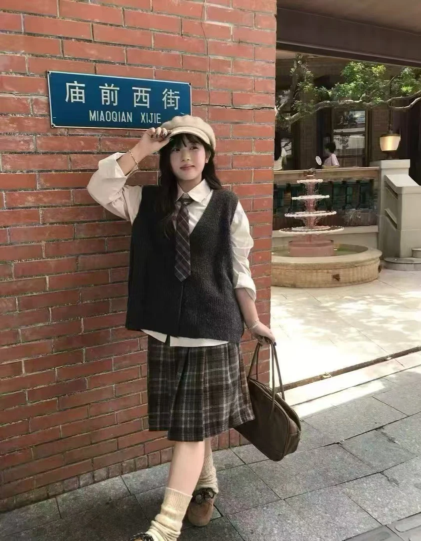 格子半身裙日式学生校服英伦学院风百搭马甲长袖三件套