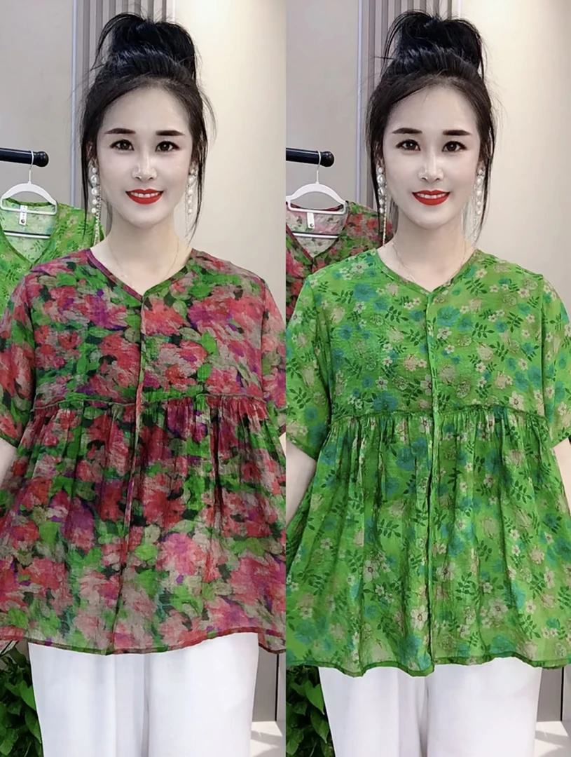 V领宽松型遮肚薄款常规款夏季七分袖中老年女装雪纺衫衬衫