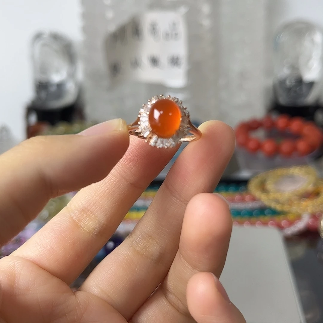 南红玛瑙银S925镶嵌戒指矿坑缺一个钻