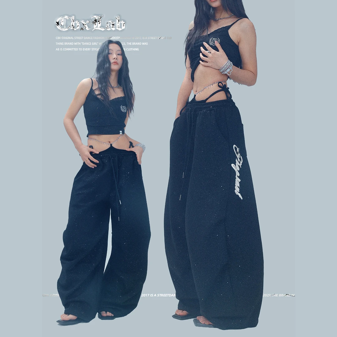CBXLAB街舞潮牌闪银比基尼拼接腰头性感辣妹长裤爵士欧美运动裤潮
