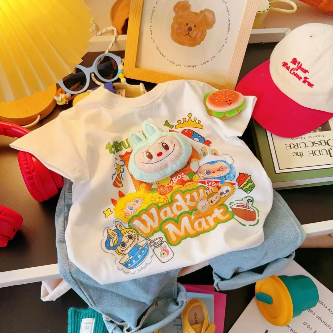 儿童夏季立体玩偶短袖labu卡通印花图案纯棉男童女童圆领半袖