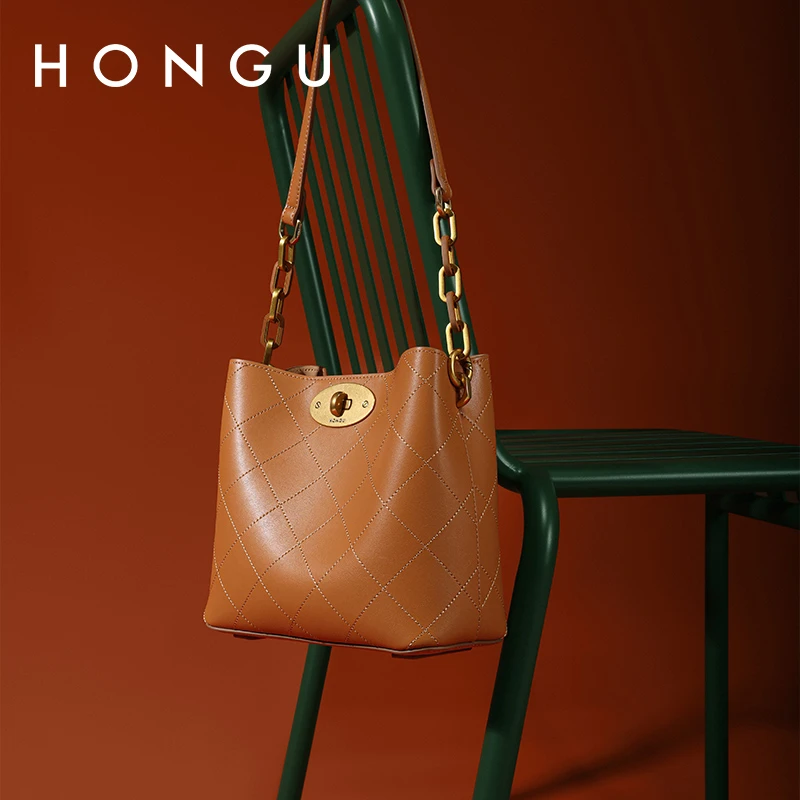 HONGU/红谷时尚新款女士牛皮托特包简约百搭水桶女包小包H5175818