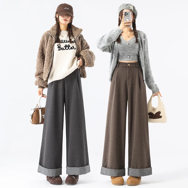 秋冬高腰阔腿宽松显瘦外穿加厚垂感加绒直筒裤春季女士纯色咖啡色
