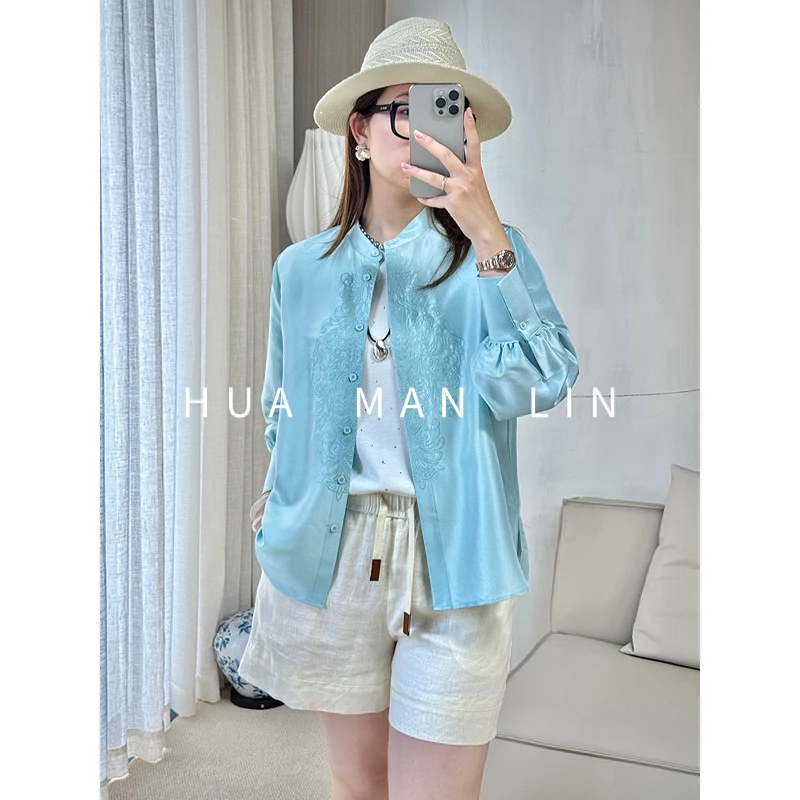 【花满林】‘冰蓝之梦 ’小立领定位刺绣双宫桑蚕丝欧若风上衣255796