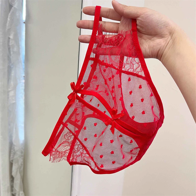 凡许红色性感蕾丝侧腰细带镂空透气舒适速干火辣优雅法式女士内裤