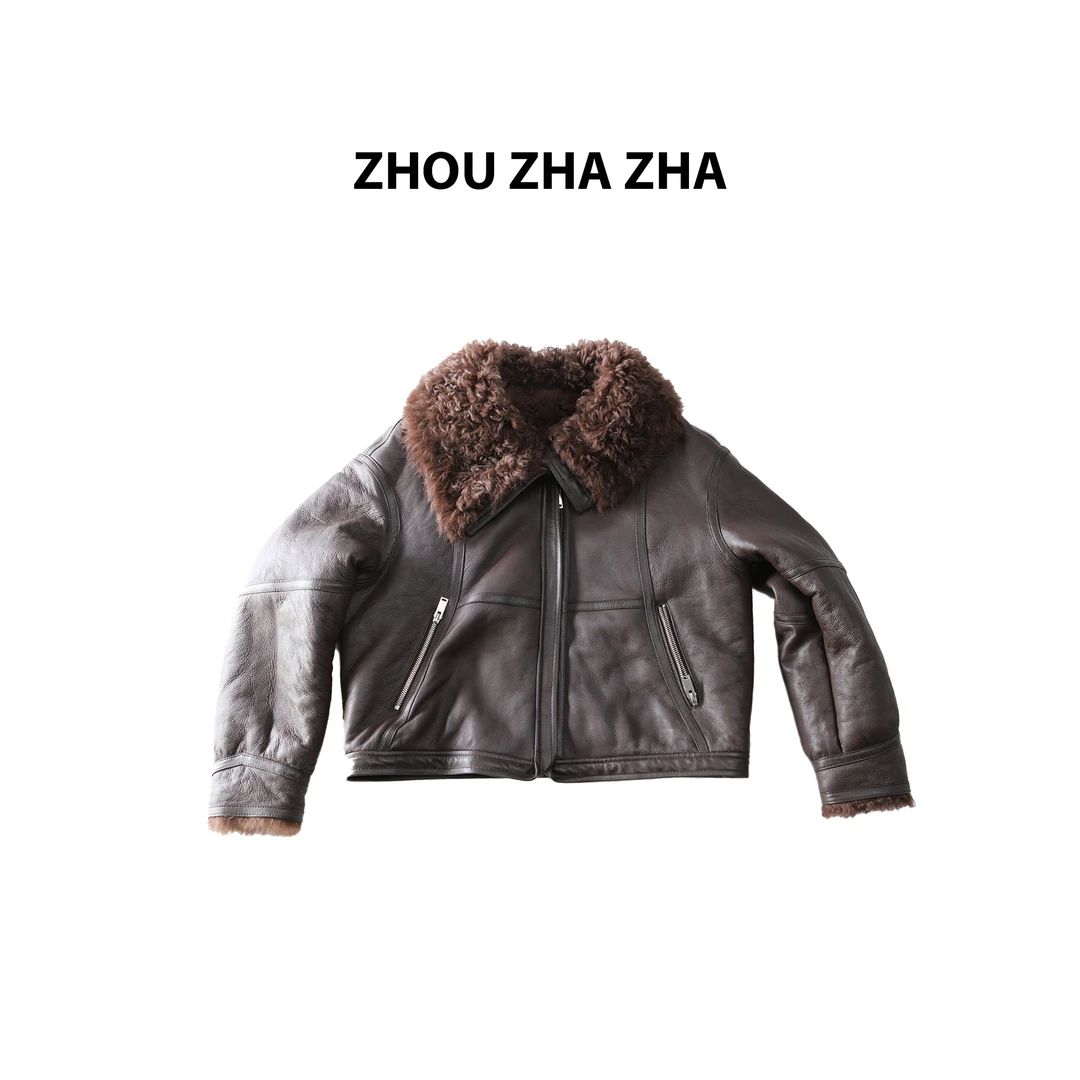 【周炸炸】皮毛一体 韩版复古宽松显瘦高级感皮衣外套#254288