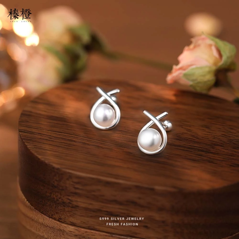 足银耳饰 S999足银线条水滴珍珠耳钉女纯银经典交叉时尚耳饰E552