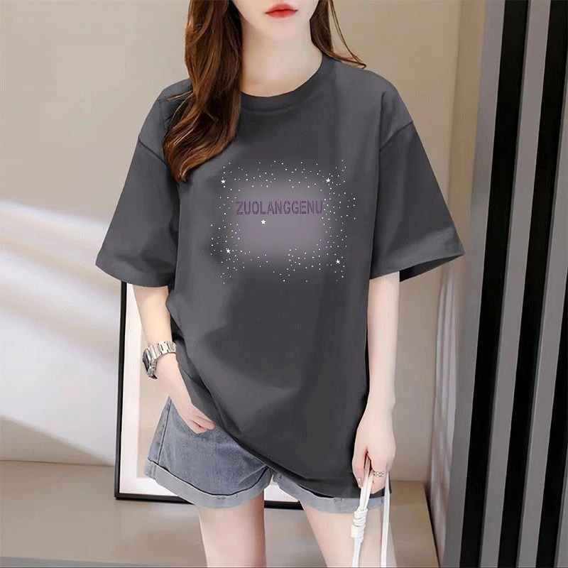 多巴胺纯棉圆领百搭短袖t恤女洋气显瘦宽松中长款减龄气质上衣