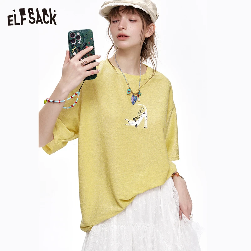 【欧若风穿搭】妖精的口袋亮丝印花短袖t恤2025春新宽松25105127