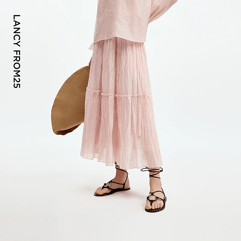 朗姿粉色a字半裙2025夏新款通勤气质高级感设计感系绳褶皱半身裙