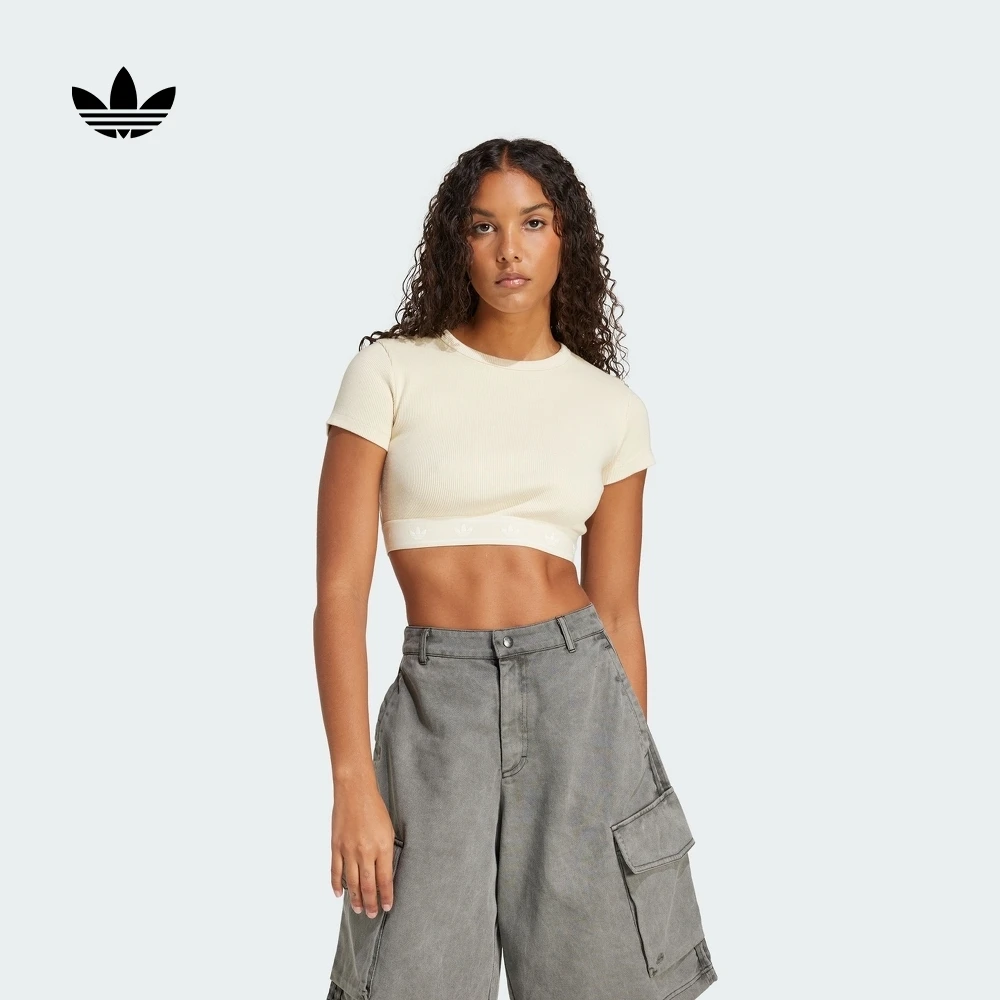 阿迪达斯三叶草 短款运动上衣圆领短袖T恤女夏新款 adidas JD0040