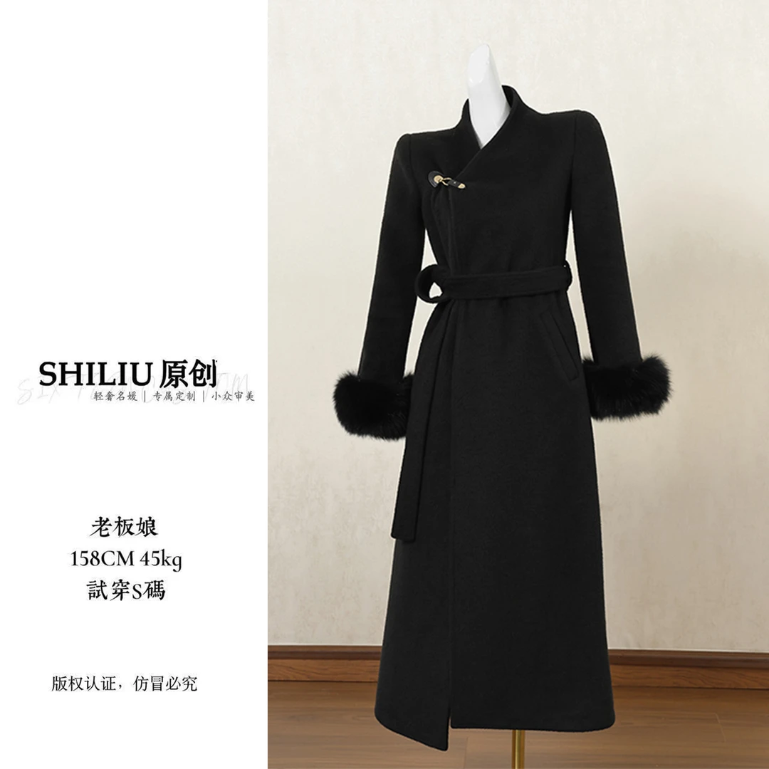 【十六定制】法式赫本风黑色绵羊毛外套女收腰大衣44223