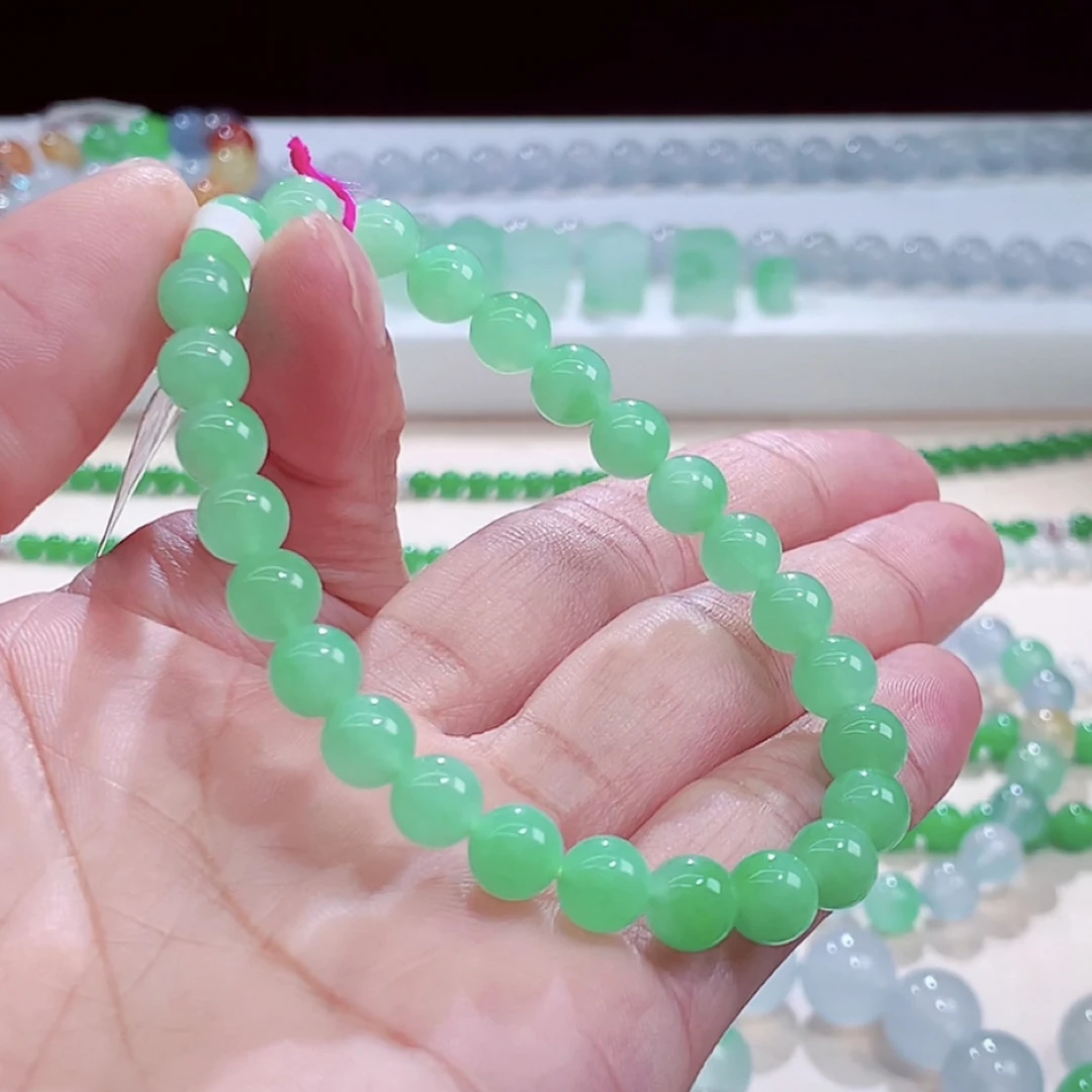 缅甸翡翠A货冰种甜阳绿圆珠翡翠手链手串卡7mm编号yr-345A9547