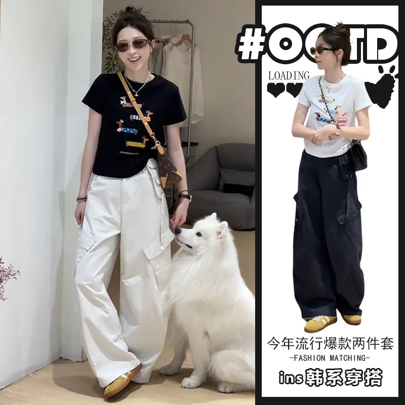 欧货两件套时尚套装2025夏季新款法式印花短袖上衣高腰遮胯工装裤