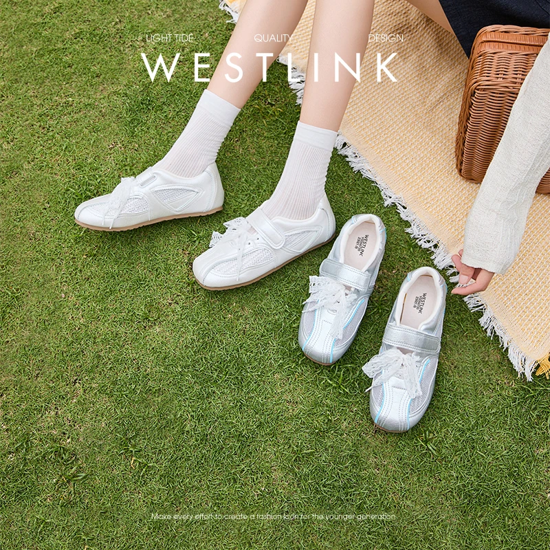 西遇芭蕾德训鞋女款2025新款夏季复古蕾丝网面透气女鞋银色休闲鞋
