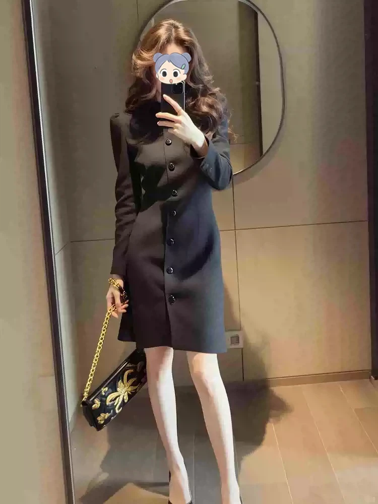 出席重要场合的裙子女秋季轻熟气质收腰高级感通勤黑色长袖连衣裙