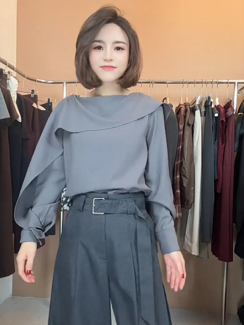 2025早秋新款时尚百搭荷叶领拼接长袖衬衫女设计感气质减龄上衣潮