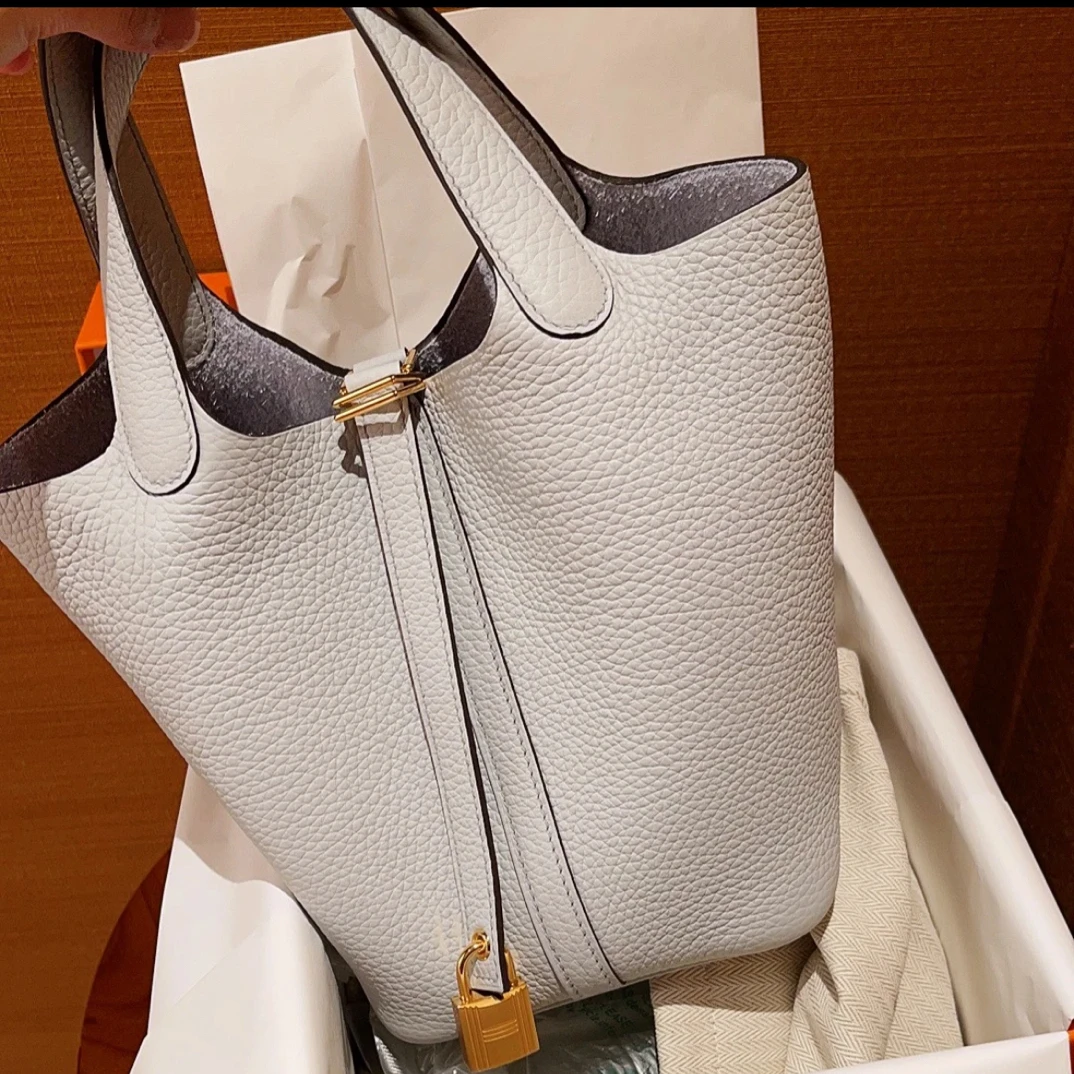99新 Hermes/爱马仕 菜篮子18圣杯蓝金扣tc皮y单肩包9124002