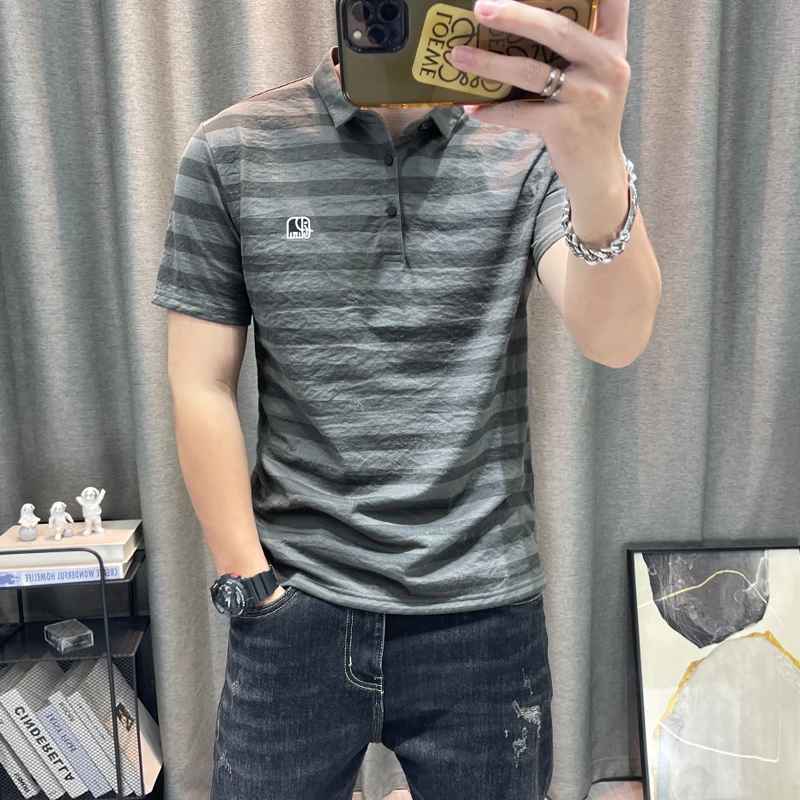 条纹短袖polo衫男2025夏季新款麻料翻领上衣40-50岁高档男士短袖