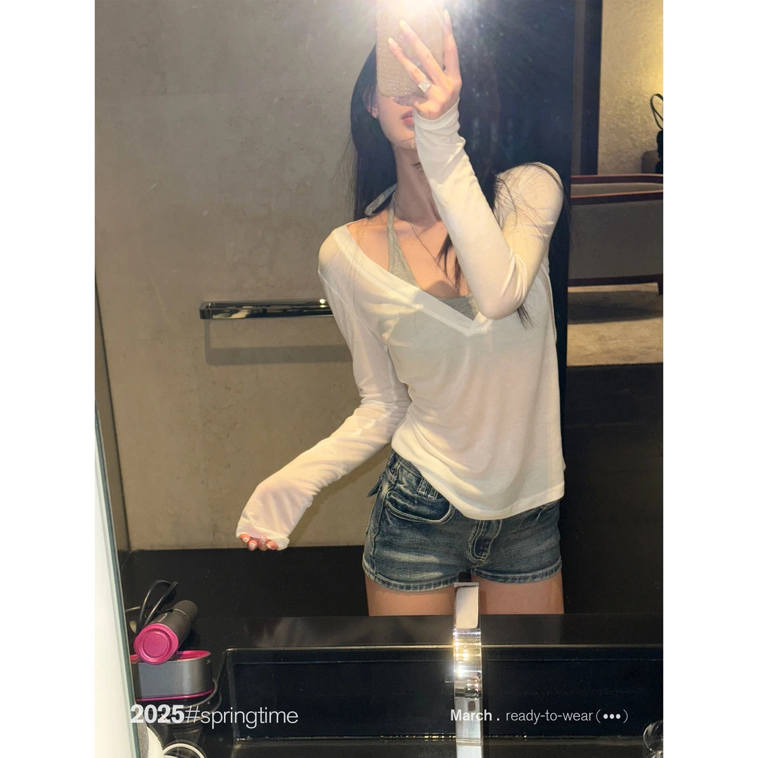SUNONEONE 大V领长袖T恤女春夏薄款宽松韩版显瘦纯色上衣H0926T