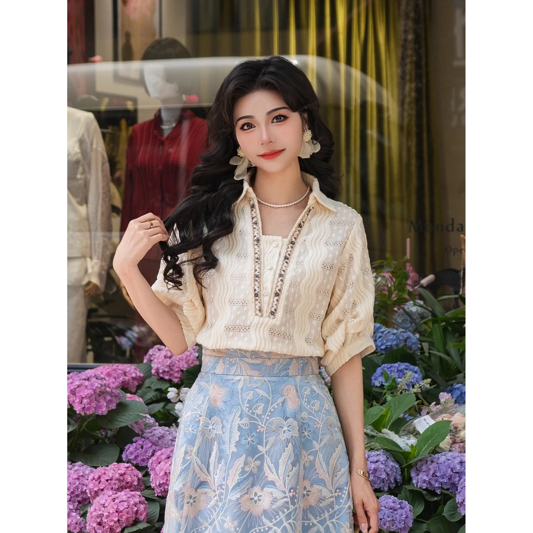 LIJIUJIU【半熟夏杏】夏季短袖减龄设计洋气衣服针织衬衫YX2504517