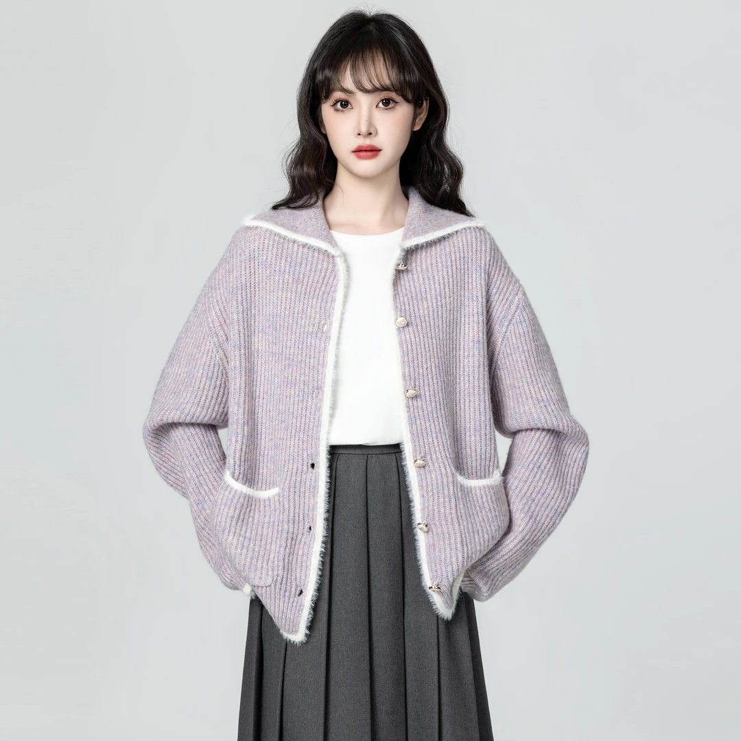 紫色翻领毛衣外套女秋冬2025冬季新款慵懒风宽松加厚针织开衫上衣